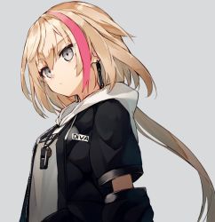 Rule 34 | blonde girl (itou), earrings, grey background, grey eyes, hair between eyes, hood, hoodie, jewelry, looking afar, nagishiro mito, pink hair, project a.i.d, short hair, solo, tagme, virtual youtuber, whistle, whistle around neck