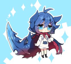 Rule 34 | 1girl, :&lt;, antenna hair, blue background, blue eyes, blue hair, blush, breasts, cape, chibi, closed mouth, commentary request, dragon girl, dragon horns, dragon tail, drawstring, full body, glavenus, gradient hair, hair between eyes, hair ornament, hairclip, highres, hood, hood down, hoodie, horns, long hair, long sleeves, medium breasts, milkpanda, monster hunter (series), multicolored hair, no shoes, personification, red cape, red hair, short eyebrows, sleeves past fingers, sleeves past wrists, socks, solo, sparkle, tail, thick eyebrows, two-tone background, very long hair, white background, white hoodie