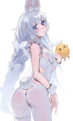 Rule 34 | &gt; &lt;, 1girl, absurdres, animal ear fluff, animal ears, ass, ass cutout, azur lane, bare arms, blue eyes, blush, braid, braided ponytail, breasts, butt crack, closed mouth, clothing cutout, clover hair ornament, cross-shaped pupils, frilled leotard, frills, hair ornament, highres, le malin (listless lapin) (azur lane), leotard, long hair, looking at viewer, looking back, manjuu (azur lane), official alternate costume, pantyhose, rabbit ears, rabbit tail, rerrere, simple background, single braid, small breasts, solo, symbol-shaped pupils, tail, white background, white hair, white leotard, white pantyhose, wrist cuffs