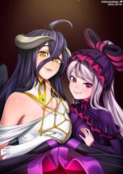 Rule 34 | 1boy, 2girls, ahoge, ainz ooal gown, albedo (overlord), bare shoulders, black hair, black wings, blush, bow, breasts, cleavage, demon girl, demon horns, demon wings, dress, fang, feathered wings, frilled dress, frills, gloves, gothic lolita, hair between eyes, horns, large breasts, lolita fashion, long hair, long sleeves, looking at viewer, medium breasts, multiple girls, neocoill, overlord (maruyama), ponytail, red eyes, shalltear bloodfallen, silver hair, slit pupils, smile, vampire, very long hair, watermark, web address, white dress, white gloves, wings, yellow eyes