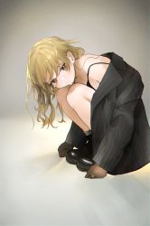 Rule 34 | 1girl, absurdres, alternate costume, alternate hairstyle, ankle boots, bare legs, bare shoulders, black footwear, black jacket, black tank top, blonde hair, boots, combat boots, floating hair, gloves, gradient background, head on knees, highres, huge filesize, idolmaster, idolmaster cinderella girls, jacket, jewelry, looking at viewer, looking to the side, morikubo nono, ningen mame, ring, simple background, sitting, solo, striped clothes, striped jacket, tank top, teardrop, tears, wavy hair