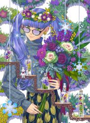 Rule 34 | 1girl, black-framed eyewear, blunt bangs, cabbage, candy, earrings, fingernails, flower, green eyes, highres, hydrangea, jar, jewelry, long fingernails, long hair, long sleeves, looking at viewer, minami (minami373916), nail polish, original, plant, print skirt, purple-tinted eyewear, purple flower, purple hair, purple nails, red flower, shirt tucked in, skirt, sleeves past wrists, smile, snowflakes, snowman, solo, stuffed animal, stuffed rabbit, stuffed toy, tinted eyewear, twintails, white flower, wrapped candy, wreath, yellow flower