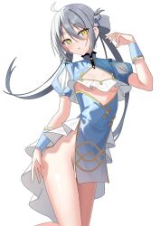 Rule 34 | 1girl, :o, acacia (snowbreak), acacia - kaguya (snowbreak), ahoge, blue dress, blush, bow, breasts, china dress, chinese clothes, cuffs, dress, frills, groin, hair between eyes, hair bow, highres, kakakaka (pc98times), long hair, looking at viewer, no bra, no panties, open mouth, puffy sleeves, raised eyebrows, shirt, sidelocks, simple background, small breasts, snowbreak: containment zone, solo, thighs, twintails, underboob, white background, white shirt, wrist cuffs, yellow eyes