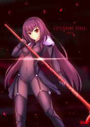 Rule 34 | 1girl, bodysuit, character name, copyright name, covered navel, fate/grand order, fate (series), gae bolg (fate), long hair, polearm, purple bodysuit, purple hair, red eyes, scathach (fate), solo, spear, violetsang, weapon