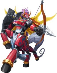 Rule 34 | 1boy, armor, bandai, bow (weapon), crossbow, digimon, digimon (creature), digimon new century, full armor, gauntlets, highres, holding, holding shield, horns, loincloth, monster, multiple legs, no humans, official art, pauldrons, perspective, purple eyes, purple hair, royal knights, shield, shoulder armor, simple background, sleipmon, solo, tail, weapon
