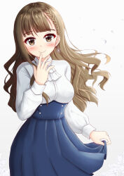 Rule 34 | 1girl, blue skirt, blush, braid, breasts, brown eyes, brown hair, closed mouth, collared shirt, commentary, commission, copyright request, dress shirt, earrings, english commentary, grey background, hand up, highres, jewelry, long hair, long sleeves, looking at viewer, medium breasts, pleated skirt, prophosphere, puffy long sleeves, puffy sleeves, shirt, simple background, skirt, skirt hold, smile, solo, very long hair, virtual youtuber, white shirt