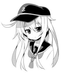 Rule 34 | 10s, 1girl, anchor symbol, ascot, greyscale, hair between eyes, hat, hibiki (kancolle), highres, kantai collection, long hair, looking at viewer, monochrome, neckerchief, plover, school uniform, serafuku, simple background, solo, upper body, white background
