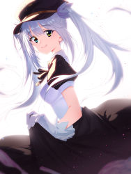 Rule 34 | 1girl, black hat, blue eyes, breasts, commentary request, dress, from side, gloves, hat, heterochromia, highres, kagura gumi, kagura mea, long hair, looking at viewer, maid, medium breasts, peaked cap, puffy short sleeves, puffy sleeves, ribbon, short sleeves, silver hair, simple background, smile, solo, twintails, very long hair, virtual youtuber, white background, white gloves, zhanzheng zi