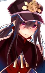 Rule 34 | 1boy, 1girl, androgynous, bad id, bad pixiv id, black hair, cape, crying, crying with eyes open, fate/grand order, fate (series), hair between eyes, hat, highres, koha-ace, long hair, looking at viewer, male focus, military, military uniform, oda nobukatsu (fate), red eyes, shisei (kyuushoku banchou), solo, tears, twitter username, uniform