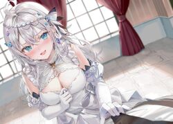 Rule 34 | 1girl, absurdres, ahoge, alisa mikhailovna kujou, bare shoulders, blue eyes, blurry, blush, bow, breasts, circlet, cleavage, cleavage cutout, clothing cutout, depth of field, detached sleeves, dress, dutch angle, earrings, embarrassed, frilled dress, frills, hair bow, highres, indoors, jewelry, juliet sleeves, large breasts, long hair, long sleeves, looking at viewer, momoko (momopoco), nose blush, open mouth, puffy sleeves, second-party source, sleeveless, sleeveless dress, smile, solo focus, tokidoki bosotto roshia-go de dereru tonari no arya-san, white dress, white hair