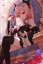 Rule 34 | 10s, 1girl, black footwear, black thighhighs, boots, crossed legs, cup, detached sleeves, drinking glass, frills, highres, krul tepes, levi9452, owari no seraph, petals, pink hair, red eyes, rose petals, solo, thigh boots, thighhighs, wine glass, zettai ryouiki