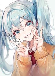 Rule 34 | 1girl, absurdres, blue eyes, blue hair, blush, bow, bowtie, brown sweater, collared shirt, commentary request, grin, hair between eyes, hair ornament, hairpin, hands up, hatsune miku, highres, long hair, long sleeves, looking at viewer, parted lips, pipi, red bow, red bowtie, school uniform, shirt, smile, solo, sweater, twintails, twintails day, upper body, vocaloid, white shirt