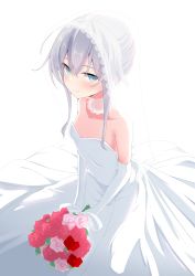 Rule 34 | 1girl, absurdres, blue eyes, blush, bouquet, closed mouth, collarbone, dress, elbow gloves, flower, gloves, hair between eyes, hibiki (kancolle), highres, holding, holding bouquet, kantai collection, long hair, myht, pink flower, pink rose, red flower, red rose, rose, simple background, smile, solo, wedding dress, white background, white dress, white gloves, white hair