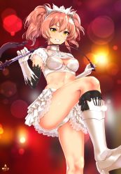 Rule 34 | 1girl, :d, backlighting, blurry, blush, bokeh, boots, bra, breasts, cleavage, cleavage cutout, clothing cutout, cosplay, depth of field, elbow gloves, eyelashes, fate/grand order, fate (series), frilled skirt, frills, from below, gloves, grin, hair between eyes, headdress, high heel boots, high heels, highres, holding, holding riding crop, idolmaster, idolmaster cinderella girls, infinote, jougasaki mika, lens flare, looking at viewer, looking down, medb (fate), medb (fate) (cosplay), medium breasts, midriff, open mouth, panties, pantyshot, petticoat, pink hair, riding crop, see-through, shiny skin, short twintails, sidelocks, signature, skirt, smile, solo, standing, stepping, teeth, thighs, tiara, tsurime, twintails, underwear, upskirt, white bra, white footwear, white gloves, white panties, white skirt, yellow eyes