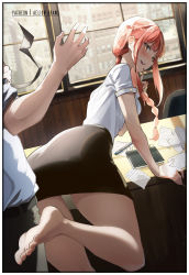 Rule 34 | 1girl, absurdres, barefoot, blush, braid, chainsaw man, desk, feet, hayakawa aki, highres, long hair, looking back, makima (chainsaw man), miniskirt, notebook, office lady, open mouth, paper, pen, red hair, skirt, soles, toes, yellow eyes