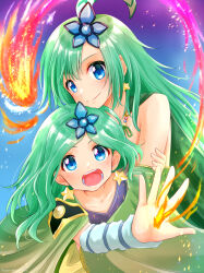 Rule 34 | 2girls, aged up, blue eyes, closed mouth, detached sleeves, earrings, final fantasy, final fantasy iv, fire, gomasho asuka, green hair, hair ornament, highres, jewelry, long hair, looking at viewer, multiple girls, open mouth, rydia (ff4), smile