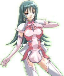 Rule 34 | 00s, 1girl, dress, earrings, elbow gloves, gloves, green hair, grey eyes, jewelry, kotona elegance, long hair, looking at viewer, mikage nao, outline, pink gloves, short dress, short sleeves, simple background, smile, solo, thighhighs, very long hair, white background, zettai ryouiki, zoids, zoids genesis