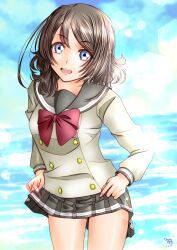 Rule 34 | 1girl, absurdres, blue eyes, brown hair, highres, long sleeves, looking at viewer, love live!, love live! sunshine!!, minami saan, open mouth, school uniform, smile, solo, uranohoshi school uniform, watanabe you