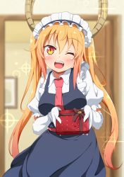 Rule 34 | 10s, 1girl, air 0497, blonde hair, blush, box, dragon girl, dragon horns, dress, gift, gift box, gloves, highres, holding, holding gift, horns, indoors, kobayashi-san chi no maidragon, long hair, looking at viewer, maid, maid headdress, necktie, one eye closed, open mouth, red eyes, red necktie, short sleeves, slit pupils, solo, sparkle, standing, tohru (maidragon), twintails, white gloves