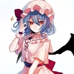 Rule 34 | &gt;:), 1girl, bat wings, blue hair, blush, bow, brooch, closed mouth, daimaou ruaeru, frilled shirt collar, frills, hair between eyes, hat, hat bow, highres, jewelry, looking at viewer, mob cap, pink shirt, red bow, red eyes, remilia scarlet, sash, shirt, smile, solo, touhou, upper body, v-shaped eyebrows, wings, wrist cuffs