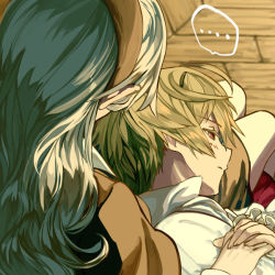 Rule 34 | ..., 1boy, 1girl, blonde hair, breasts, brown hairband, collared shirt, corrin (female) (fire emblem), corrin (fire emblem), couple, fire emblem, fire emblem fates, frills, from above, hairband, half-closed eyes, harusame (rueken), hetero, high collar, holding hands, indoors, lap pillow, leo (fire emblem), light blush, long hair, looking at another, looking down, nintendo, orange eyes, parted lips, pointy ears, shirt, short hair, sidelocks, silver hair, sitting, speech bubble, spoken ellipsis, white shirt, wooden floor