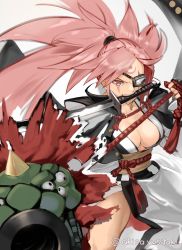 Rule 34 | 1girl, akisa yositake, amputee, angry, armor, baiken, breasts, cannon, cleavage, eyepatch, facial mark, greaves, guilty gear, guilty gear strive, highres, japanese clothes, katana, kimono, large breasts, long hair, one-eyed, pink hair, ponytail, reverse grip, rope, sash, scar, scar across eye, scar on face, serious, simple background, sword, thighs, twitter username, weapon, white background, wide sleeves