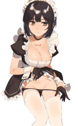 Rule 34 | 1girl, 2l (2lsize), absurdres, black choker, black dress, black gloves, black hair, black panties, blush, breasts, brown eyes, choker, cleavage, clothes lift, collarbone, dress, dress lift, frilled dress, frills, gloves, groin, highres, karen (2l), large breasts, lifted by self, looking at viewer, maid, maid headdress, nose blush, original, panties, panty pull, partially visible vulva, puffy short sleeves, puffy sleeves, short dress, short hair, short sleeves, simple background, solo, thighhighs, underwear, white background, white thighhighs, wrist cuffs
