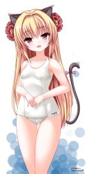 Rule 34 | 1girl, :d, animal ears, bad id, bad pixiv id, bare arms, bare shoulders, blonde hair, blush, bow, breasts, cat ears, cat girl, cat tail, collarbone, commentary request, copyright request, fang, flower, gluteal fold, hair between eyes, hair flower, hair ornament, head tilt, highres, kaze makase, long hair, looking at viewer, old school swimsuit, one-piece swimsuit, open beta (vtuber), open mouth, own hands together, pink bow, red eyes, red flower, school swimsuit, sidelocks, signature, small breasts, smile, solo, swimsuit, tail, tail bow, tail ornament, thigh gap, very long hair, virtual youtuber, white background, white one-piece swimsuit, white school swimsuit