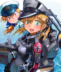 Rule 34 | 10s, 2girls, anchor hair ornament, blonde hair, blue eyes, cross, female admiral (kancolle), green eyes, hair ornament, hat, inui (jt1116), iron cross, kantai collection, long hair, military, military uniform, multiple girls, naval uniform, peaked cap, prinz eugen (kancolle), twintails, uniform