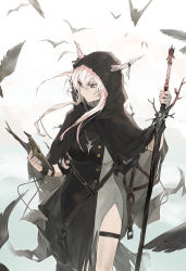 Rule 34 | 1girl, arknights, bandaged hand, bird, black cloak, black dress, breasts, cloak, commentary request, cowboy shot, dress, grey eyes, highres, holding, holding mask, holding sword, holding weapon, hood, hooded cloak, horns, jewelry, koio, long hair, mask, partial commentary, pendant, shining (arknights), silver hair, small breasts, solo, standing, sword, thigh strap, unworn mask, weapon
