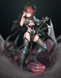 Rule 34 | 1girl, absurdres, armored boots, asymmetrical sleeves, black background, black gloves, black thighhighs, blood, blue eyes, boots, breasts, cleavage, commentary request, doha skylightscent, dragon, dragon horns, fingerless gloves, fur trim, gloves, hair between eyes, highres, horns, long sleeves, looking at viewer, medium breasts, original, pelvic curtain, pointy ears, red hair, single glove, smile, solo focus, sword, thighhighs, uneven sleeves, weapon, yellow eyes