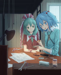 Rule 34 | 2girls, blue dress, blue eyes, blue hair, bow, breasts, camera, commentary request, container, desk lamp, dress, frilled ribbon, frills, green eyes, green hair, hair between eyes, hair bobbles, hair bow, hair ornament, hair ribbon, head tilt, highres, holding, holding camera, holding screwdriver, indoors, kagiyama hina, kawashiro nitori, key, lamp, long hair, looking down, multiple girls, nail, no headwear, no headwear, open mouth, paper, puffy short sleeves, puffy sleeves, red bow, red dress, red ribbon, ribbon, roke (taikodon), screwdriver, short hair, short sleeves, small breasts, table, touhou, two side up, wing collar, wrench, wrist cuffs
