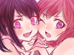 Rule 34 | 10s, 2girls, absurdres, bad id, bad pixiv id, black hair, cheek-to-cheek, heads together, heart, heart-shaped pupils, highres, holding hands, looking at viewer, love live!, love live! school idol project, marker (medium), multiple girls, nishikino maki, portrait, pov, purple eyes, red eyes, red hair, short twintails, sketch, symbol-shaped pupils, traditional media, twintails, yazawa nico