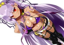 Rule 34 | 1girl, bb (fate), bb (fate) (all), bb (swimsuit mooncancer) (fate), bb (swimsuit mooncancer) (second ascension) (fate), bikini, black garter belt, black gloves, black thighhighs, blush, breasts, commentary request, fate/grand order, fate (series), garter belt, gloves, gyaru, hair ornament, hairband, large breasts, long hair, looking at viewer, micro shorts, navel, purple bikini, purple hair, red eyes, shimejinameko, shiny skin, shorts, simple background, smile, solo, standing, star (symbol), star hair ornament, studded garter belt, swimsuit, tan, thighhighs, white background