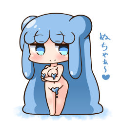 Rule 34 | 1girl, absurdly long hair, arms under breasts, blue eyes, blue hair, blush, breast hold, breasts, chibi, closed mouth, collarbone, convenient censoring, double bun, full body, groin, hair bun, half slime-chan, hana kazari, heart, large breasts, long hair, looking at viewer, monster girl, navel, nude, original, sidelocks, slime girl, smile, solo, standing, translation request, very long hair, white background