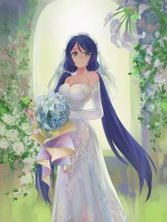 Rule 34 | 10s, 1girl, bouquet, breasts, bridal veil, cleavage, dress, flower, green eyes, highres, inuko (redconstellation), large breasts, long hair, love live!, love live! school idol project, purple hair, rose, see-through, smile, solo, tojo nozomi, twintails, veil, very long hair, wedding, wedding dress, white dress