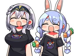 Rule 34 | 2girls, :d, ^ ^, animal ear fluff, animal ears, black shirt, blue hair, bow, braid, breasts, carrot hair ornament, closed eyes, food-themed hair ornament, grey hair, hair between eyes, hair bow, hair ornament, headpiece, hololive, kanikama, large breasts, long hair, multicolored hair, multiple girls, off shoulder, open mouth, print shirt, rabbit ears, shirogane noel, shirt, short eyebrows, short sleeves, simple background, smile, teeth, thick eyebrows, twin braids, twintails, two-tone hair, upper body, upper teeth only, usada pekora, virtual youtuber, white background, white bow, white hair