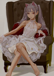 Rule 34 | 1girl, animal ears, bare shoulders, barefoot, cat ears, chair, collarbone, cushion, dress, earrings, expressionless, extra ears, feet, feiqizi (fkey), fkey, grey hair, highres, jewelry, knees together feet apart, long hair, looking at viewer, nail polish, original, red eyes, red nails, ring, see-through, sitting, sketch, sleeveless, sleeveless dress, solo, toenail polish, toenails, toes, twintails, white background, white dress