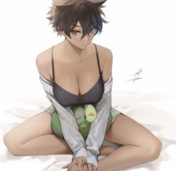 Rule 34 | 1girl, bare legs, bare shoulders, black bra, bra, breasts, brown eyes, brown hair, cleavage, closed mouth, collarbone, commentary request, dark-skinned female, dark skin, hair between eyes, highres, large breasts, long sleeves, looking at viewer, micchan (ohisashiburi), off-shoulder shirt, off shoulder, ohisashiburi, original, resolution mismatch, shirt, short hair, signature, simple background, sitting, sleeves past wrists, smile, solo, source larger, stuffed animal, stuffed toy, stuffed turtle, tomboy, underwear, white background, white shirt