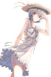 Rule 34 | 1girl, 90i, ayanami rei, blue hair, breasts, collarbone, dress, hand on own head, hat, looking at viewer, neon genesis evangelion, panties, red eyes, see-through, see-through silhouette, solo, transparent background, underwear