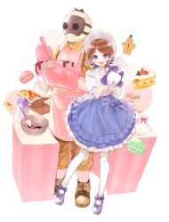 Rule 34 | 1boy, 1girl, :d, absurdres, apron, bandaged head, bandages, blue bow, blue eyes, blue footwear, blue gloves, blue headwear, blue skirt, bonnet, book, book stand, bow, bowl, bowtie, brown footwear, brown hair, brown pants, cake, cake slice, cookie, cooking, counter, emma woods, emma woods (boudoir dream), father and daughter, food, footwear bow, freckles, frilled apron, frilled skirt, frills, full body, gingerbread man, gloves, highres, hoge (n8sss), holding, holding bowl, holding whisk, identity v, leo beck, looking at viewer, macaron, marshmallow, mask, milk carton, mixing bowl, open book, open mouth, oven mitts, pants, pantyhose, pastry bag, pink apron, popped collar, puffy short sleeves, puffy sleeves, shirt, shoes, short hair with long locks, short sleeves, skirt, smile, spatula, standing, strawberry shortcake, suspenders, teeth, thumbprint cookie, tiered tray, upper teeth only, whisk, white background, white bow, white bowtie, white pantyhose, white shirt, yellow shirt