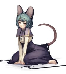 Rule 34 | 1girl, animal ears, barefoot, between legs, blouse, blush, capelet, dowsing rod, earrings, flat chest, grey hair, hand between legs, high-waist skirt, highres, jewelry, kikimifukuri, kneeling, long sleeves, looking at viewer, mouse ears, mouse tail, nazrin, own hands together, pendant, red eyes, shirt, simple background, sketch, skirt, solo, suspender skirt, suspenders, tail, thick eyebrows, touhou, white background