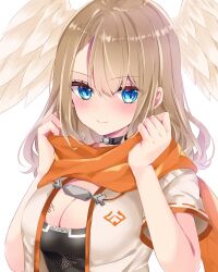 Rule 34 | 1girl, black bodysuit, blue eyes, blush, bodysuit, bodysuit under clothes, breasts, brown hair, cleavage, closed mouth, commentary request, eunie (xenoblade), feathered wings, hands up, head wings, highres, jacket, large breasts, long hair, looking at viewer, medium breasts, nanase nao, open clothes, open jacket, orange scarf, parted bangs, scarf, short sleeves, simple background, smile, solo, upper body, white background, white jacket, white wings, wings, xenoblade chronicles (series), xenoblade chronicles 3