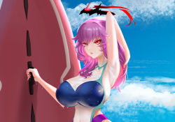 Rule 34 | 1girl, alternate costume, arm behind head, armpits, azibuda, azur lane, beach, blue sky, breasts, cloud, competition swimsuit, day, duca degli abruzzi (azur lane), halo, hand in own hair, holding, holding surfboard, huge breasts, impossible clothes, impossible swimsuit, long hair, looking at viewer, multicolored clothes, multicolored swimsuit, nail polish, one-piece swimsuit, open mouth, parted lips, purple hair, red eyes, red nails, skin tight, sky, solo, surfboard, swimsuit, upper body, wet, wet clothes, wet swimsuit