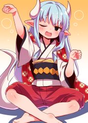 Rule 34 | 1girl, arm up, barefoot, black eyes, black sash, blue hair, bubble, commentary request, crossed legs, dragon girl, dragon horns, dragon tail, full body, gradient background, hands up, haori, highres, horns, indian style, japanese clothes, kimono, light blush, long sleeves, obi, one eye closed, open mouth, original, pointy ears, red shorts, sash, shadow, shorts, simple background, sitting, solo, star (symbol), tail, white kimono, white tail, wide sleeves, yawning, yukinagi