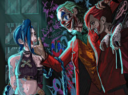 Rule 34 | 1boy, 2girls, arcane: league of legends, arcane jinx, arcane vi, arm tattoo, arms behind back, arms up, batman (series), batuhu, bdsm, blood, blood on face, blood on hands, blue hair, bondage, bound, bound wrists, braid, captivity, chain, chained, chest tattoo, clown, crossover, facepaint, facial tattoo, formal, graffiti, green hair, hair over one eye, hand wraps, highres, jacket, jinx (league of legends), joker (2019), league of legends, long hair, midriff, multiple girls, neck tattoo, open clothes, open jacket, red hair, red suit, short hair, shoulder tattoo, stomach tattoo, suit, tattoo, tears, tears from one eye, the joker, twin braids, vi (league of legends), wrist cuffs