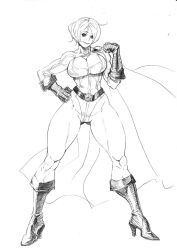 Rule 34 | 1girl, bare legs, bonten, boots, breasts, cape, dc comics, female focus, full body, high heel boots, high heels, highres, large breasts, leotard, looking at viewer, monochrome, muscular, no bra, power girl, short hair, sketch, smile, solo, standing, thong leotard