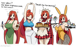 Rule 34 | 1girl, ?, absurdly long hair, animal ears, apron, armpits, arms up, barista, black eyes, blue sports bra, blush stickers, breasts, bust cup, cleavage, collage, commentary, covered navel, cropped legs, cup, detached collar, disposable cup, dress, english commentary, english text, fishnet pantyhose, fishnets, flannel, food, green apron, highres, holding, holding marker, holding tray, ice cream, iced latte with breast milk (meme), juliette (murgoten), large breasts, leotard, long hair, maid headdress, maple syrup, marker, meme, murgoten, naked apron, original, pancake, pancake stack, pants, pantyhose, plaid, plaid dress, playboy bunny, pony (animal), rabbit ears, red dress, sideboob, solid oval eyes, solo, speech bubble, sports bra, strapless, strapless leotard, stretching, sundae, thighhighs, thought bubble, tray, very long hair, w arms, white background, white pants, white thighhighs, wrist cuffs, yellow leotard, yoga pants