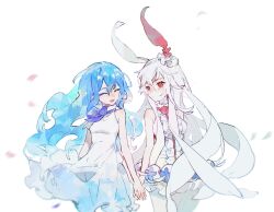 Rule 34 | &gt; &lt;, 2girls, :d, animal ears, bacheally, bare shoulders, blue hair, blush, bow, bowtie, breasts, closed eyes, closed mouth, cowboy shot, dress, fake animal ears, frilled dress, frills, hair between eyes, hair ears, highres, holding hands, long hair, looking at another, medium breasts, multiple girls, o o, open mouth, original, petals, rabbit ears, red eyes, simple background, sleeveless, sleeveless dress, smile, very long hair, white background, white dress, white hair, xd