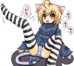 Rule 34 | 1girl, animal ears, bad id, bad pixiv id, cat ears, cat tail, female focus, lowres, metaru maccha, oekaki, original, panties, sitting, solo, spread legs, striped clothes, striped thighhighs, tail, thighhighs, underwear, white background